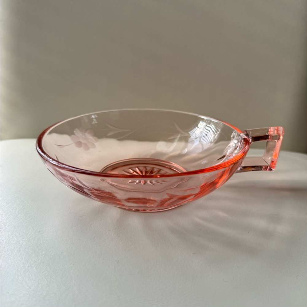 Depression Era Vintage Twisted Pink Glass Bowl with Handle